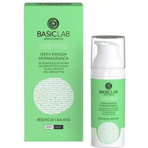 Basiclab - lekka emulsja normalizująca z 3% kompleksu komórek macierzystych z noni, 1% glicyryzyny, cbd i adenozyną redukcja i balans, 50 ml