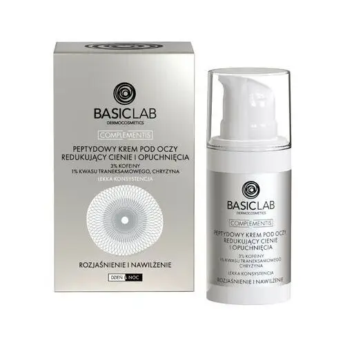 Basiclab - Peptydowy krem pod oczy redukujący cienie i opuchnięcia z 3% kofeiny, 1% kwasu traneksamowego, chryzyną o lekkiej konsystencji, rozjaśnienie i nawilżenie, 15ml