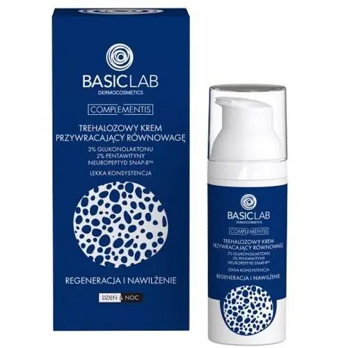 BasicLab - trehalozowy krem przywracający równowagę 3%glukonolaktonu, 2%pentawityny, neuropeptyd snap-8™ o lekkiej konsystencji regeneracja i nawilżenie, 50 ml