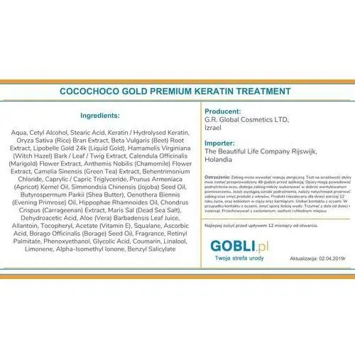 Cocochoco gold premium keratin treatment, keratyna do prostowania 1000ml