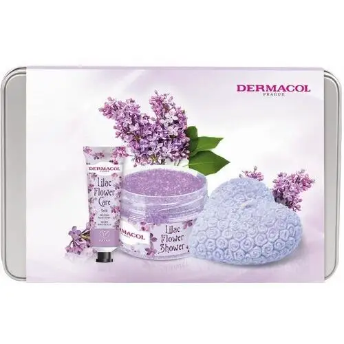 Dermacol lilac flower shower body scrub zestaw peeling do ciała 200 g + krem do rąk 30 ml + dekoracyjna świeczka zapachowa + metalowe opakowanie w