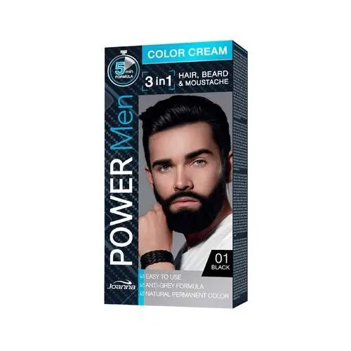 Joanna Power Men Color Cream 3in1 farba do włosów. brody i wąsów 01 Black 30g, kolor czerń