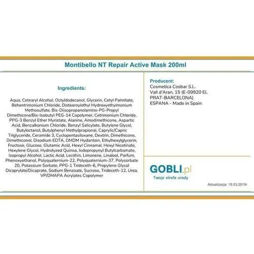 Montibello repair active maska odbudowująca osłabione włosy 200 ml